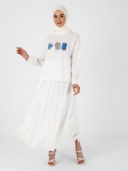 Baskı Detaylı Tunik Pilise Etek İkili Beyaz Takım