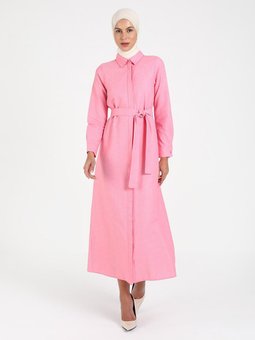 Boydan Gizli Düğmeli Elbise Nar Çiçeği