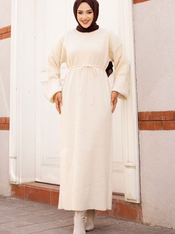 Beli İp Bağlamalı Düşük Kol Triko Elbise Tsd240708 Bej