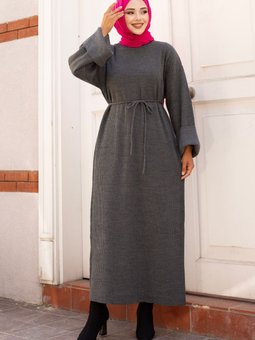 Beli İp Bağlamalı Düşük Kol Triko Elbise Tsd240708 Füme