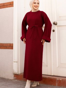 Beli İp Bağlamalı Düşük Kol Triko Elbise Tsd240708 Kırmızı