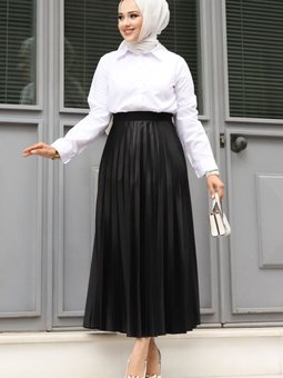 Deri Görünümlü Beli Lastikli Pileli Etek Tsd240503 Siyah