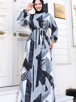 Geometrik Desenli Beli Kuşaklı Viskon Elbise Tsd240712 Gri