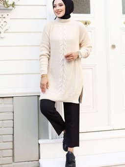 Hakim Yaka Saç Örgü Desenli Triko Tunik Tsd240801 Bej