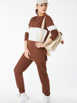 Düz Bisiklet Yaka Kahverengi Uzun Kollu Garnili Eşoman Takımı 13125