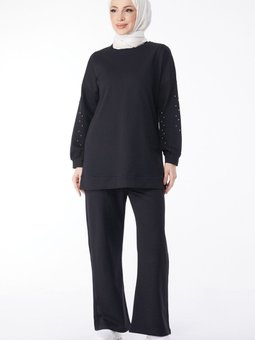 Düz Bisiklet Yaka Siyah Koları Taslı Eşofman Takımı 13131