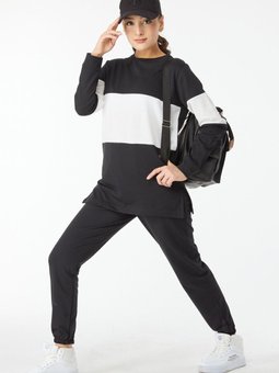 Düz Bisiklet Yaka Siyah Uzun Kollu Garnili Eşoman Takımı 13125