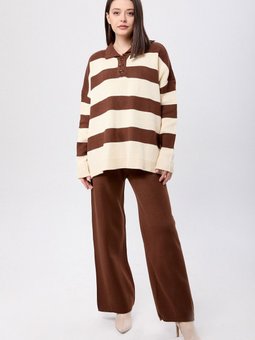 Düz Gömlek Yaka Kahverengi Triko Tunik Pantolon 23895