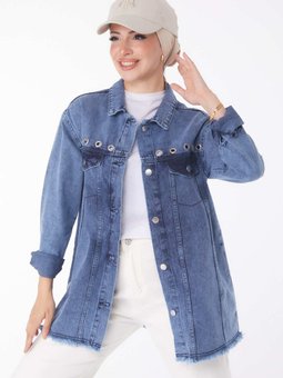 Düz Gömlek Yaka Mavi Kuş Gözlü Kot Ceket 25363