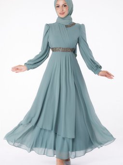 Düz Hakim Yaka Yeşil Taşlı Şifon Abiye Elbise 26255