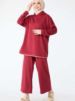 Düz Kapüşonlu Yaka Bordo Battal Beden Tunik Pantolon 13098