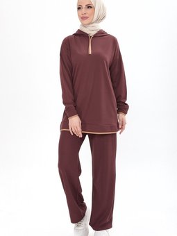 Düz Kapüşonlu Yaka Kahverengi Battal Beden Tunik Pantolon 13098