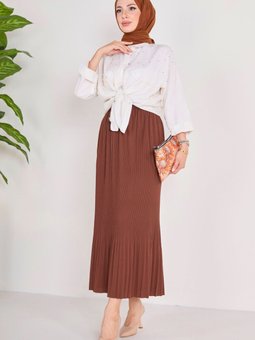 Düz Orta Kahverengi Piliseli Etek 23027