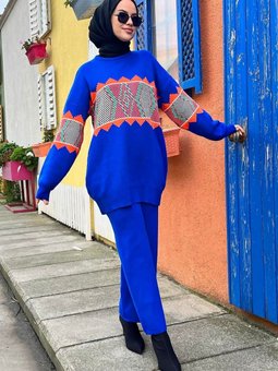 Düz Orta Mavi Triko Tunik Pantolon 21801