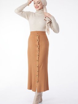 Düz Orta Vizon Düğmeli Triko Etek 24722