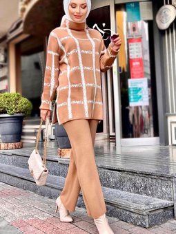 Düz Orta Vizon Triko Tunik Pantolon 21831