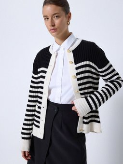 Cep Detaylı Çizgili Triko Hırka