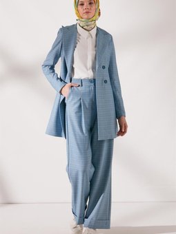 Ekose Desen Duble Paça Pantolon İndigo