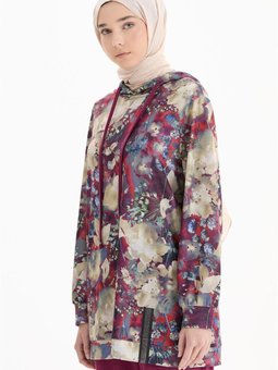 Kapüşonlu Desenli Tunik Pantolon Mürdüm Örme Takım