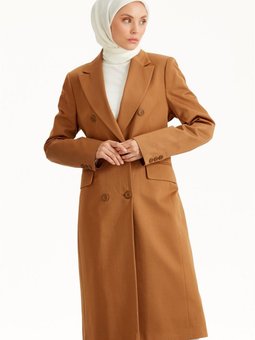 Kruvaze Yaka Uzun Blazer Ceket Camel