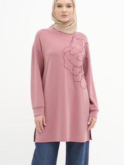 Nakışlı Ve İncili Örme Sweat Gül Kurusu