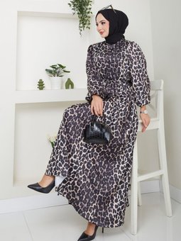 Kahverengi Leopar Desenli Şifon Elbise