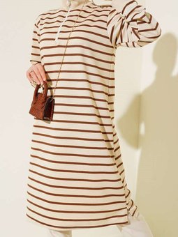 Kahverengi Yatay Çizgili Yaka Fermuarlı Tunik