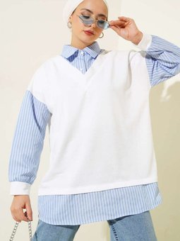 Mavi Çizgili Gömlek Garnili Tunik