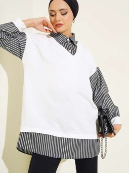 Siyah Çizgili Gömlek Garnili Tunik