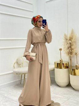 Xxl Butik Kadın Bej Kuşaklı Gül Detaylı Salaş Tulum Nms003