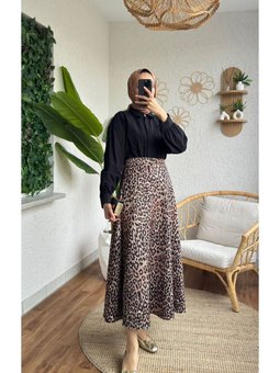 Leopar Desenli Kloş Krep Etek