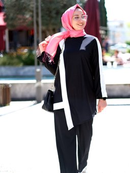 Siyah Beyaz Çizgili Alt Üst Tunik Pantolon 2'li Takım Krep Örme