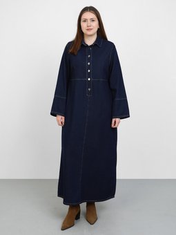 Büyük Beden Düğmeli Cepli Denim Koyu Lacivert Elbise