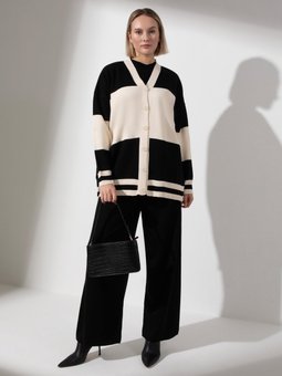 Çizgi Detaylı Hırka & Pantolon Büyük Beden Triko Siyah Takım