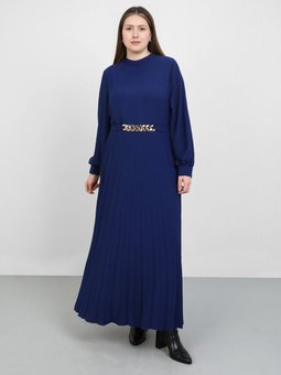 Lacivert Büyük Beden Plise Detaylı Kemerli Aerobin Abiye Elbise