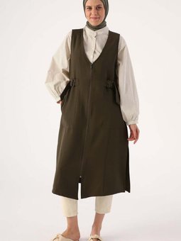 Haki Yanları Tokalı Fermuarlı V Yaka Yelek