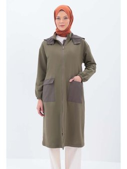 Kapüşonlu Fermuarlı Hırka Haki