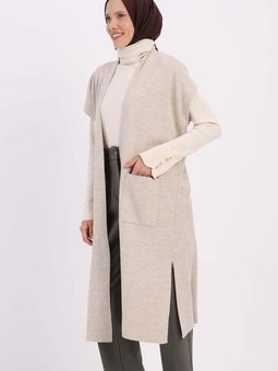 Taş Cepli Uzun Triko Yelek