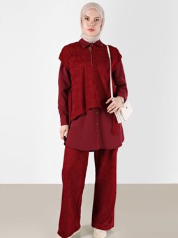 Fermuar Detaylı Şönil Kadife Üçlü Pant. Takım 42380