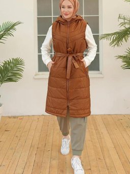 Armine Trend Beli Kemerli Yelek Taba