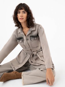 Yıkamalı Cep Detaylı Denim Ceket Gri