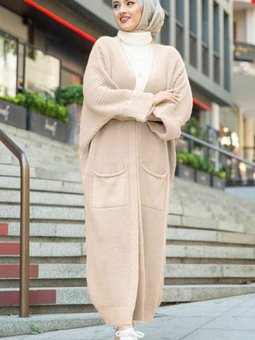 Eftalya Çift Cepli Uzun Triko Hırka 329 Bej