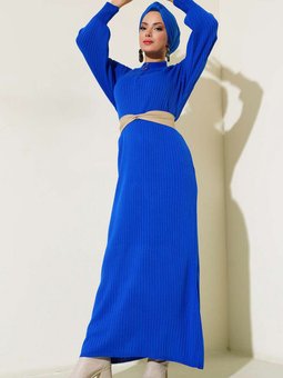 15900 Boydan Triko Elbise Saks Mavisi