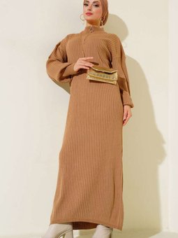 15900 Boydan Triko Elbise Taba