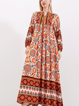 2423 Otantik Desenli Elbise M. Kahverengi