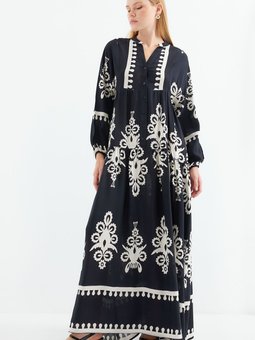 2423 Otantik Desenli Elbise Z.siyah