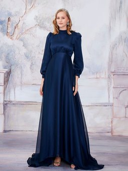 Lacivert Şifon Kuyruklu Abiye Elbise