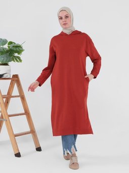 Kapüşonlu Uzun Sweatshirt Kiremit