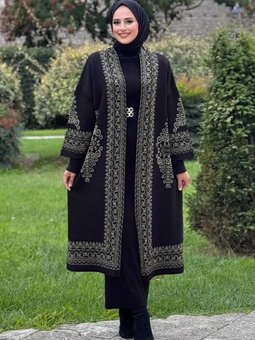 Simli Etnik Desen İşleme Detaylı Triko Hırka 18189 Siyah Gold