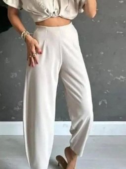 Beyaz Yüksek Bel Krep Kumaş Balon Pantolon